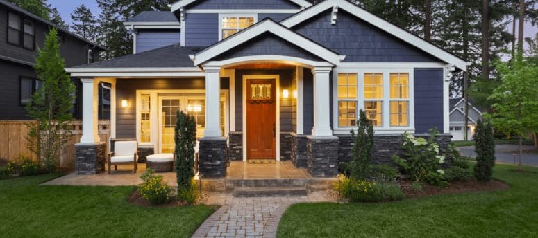 house view from the front with curb appeal lighting