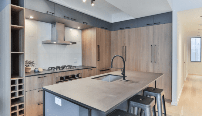 A kitchen with updated cabinets.