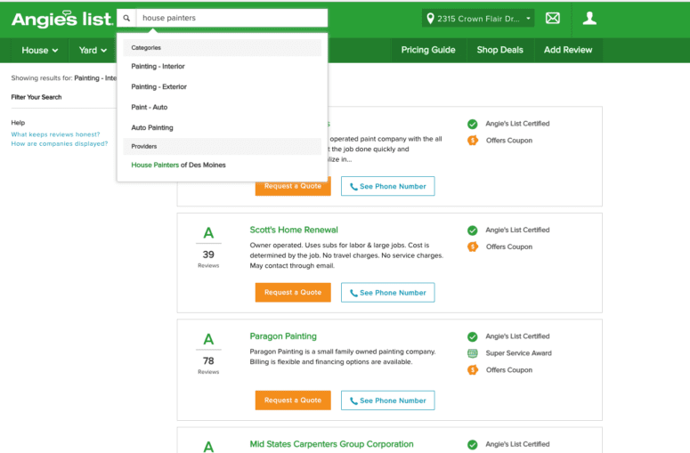 Use the Angie's list directory to find house painter ratings and rankings.