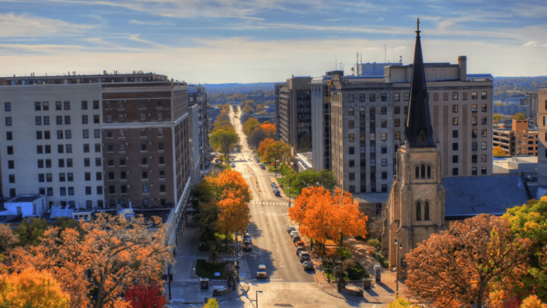 Fall skyline of Madison with houses in background.