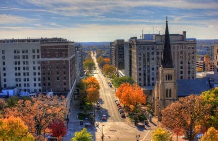 Fall skyline of Madison with houses in background.