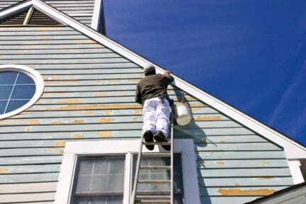 Man on ladder painting exterior of house with chipped paint.