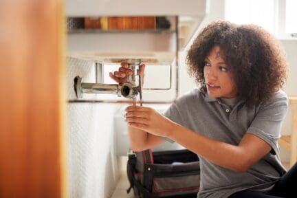 Woman maintaining pipes in home.