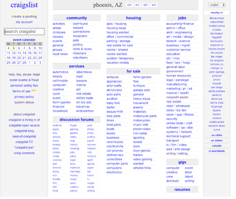 The home page of Craigslist.