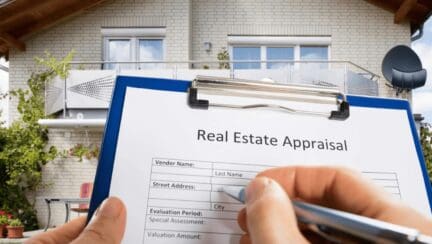 A home appraiser filling out a checklist in front of a home.