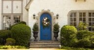 An entrance door that has been decorated.