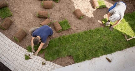 A person fixing their bad yard with new sod to sell a house.