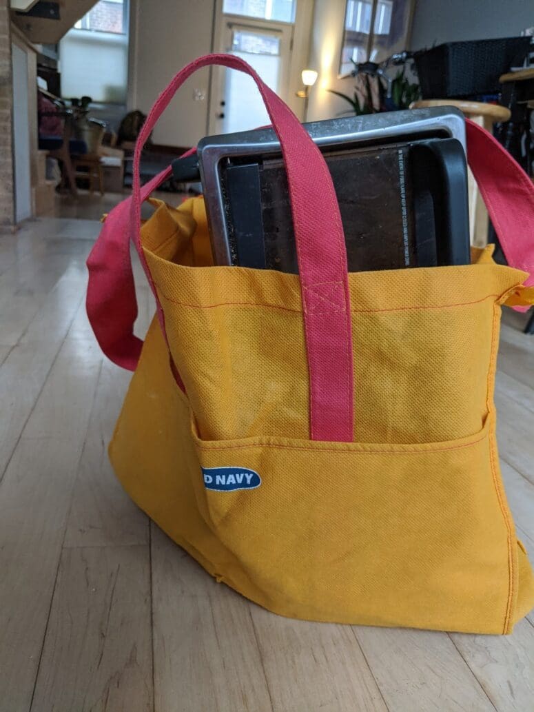 A tote bag used as a moving hack.