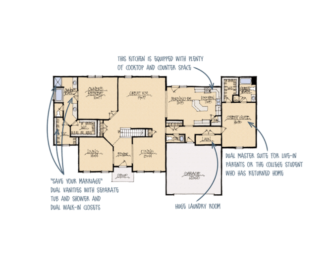The floorplan of a dual master suite.