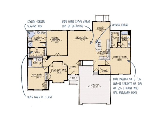 The floorplan of a dual master suite.