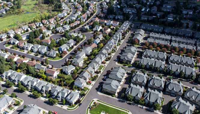 An aerial view of single family homes in Portland, Oregon