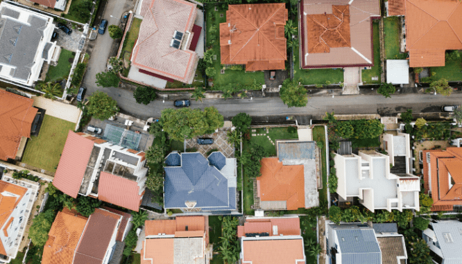 An aerial view of houses you can buy.