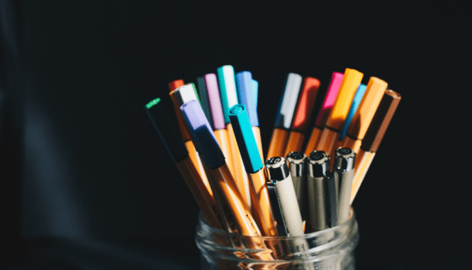 Pens organized for home office staging.