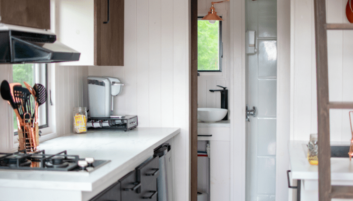 A kitchen inside a tiny house you can build.