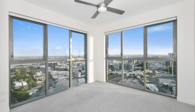 A living room view in an open house.