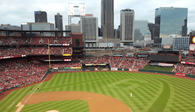 An aerial view of the baseball field in St. Louis, where you can buy a house.