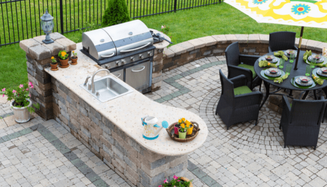 An outdoor kitchen used as hardscaping to increase value.