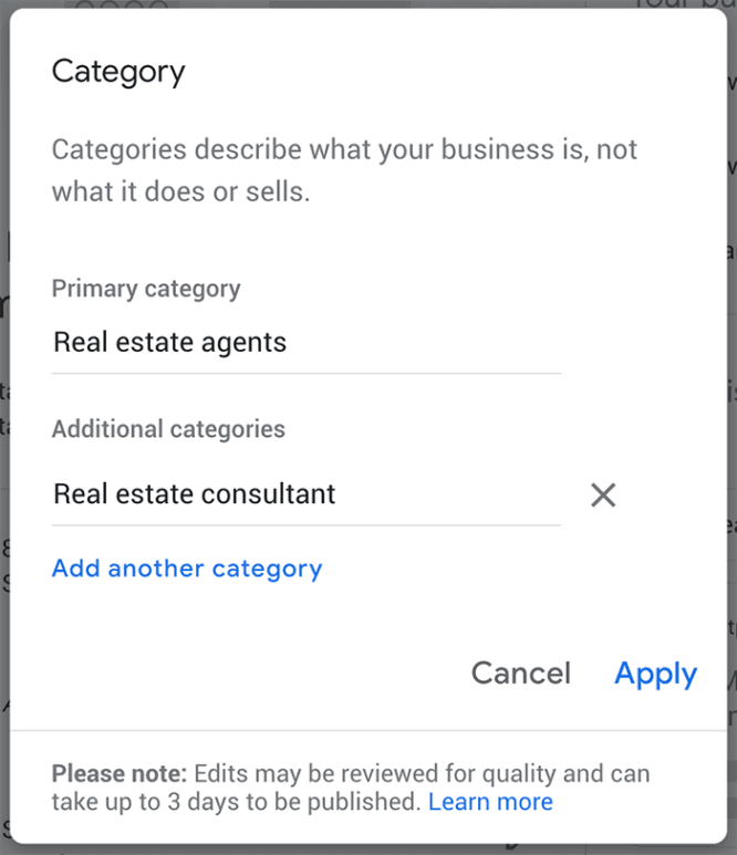 Google My Business categories screenshot