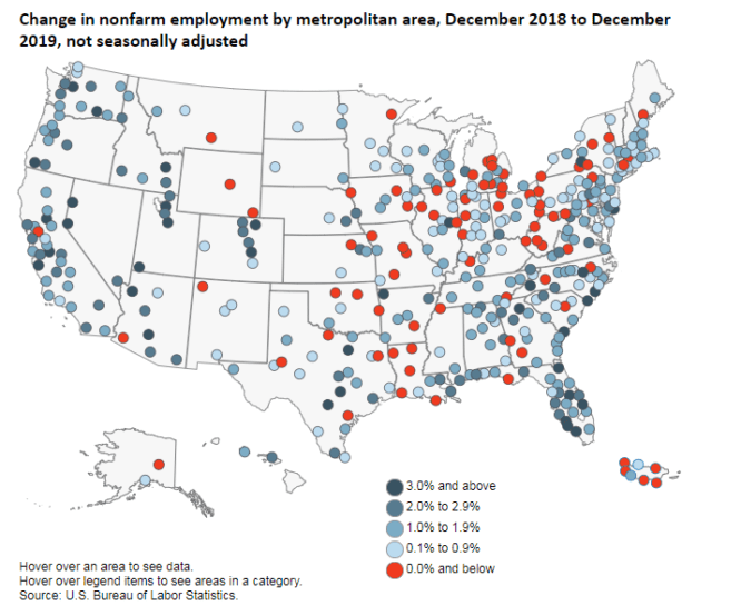 A map of the U.S. showing over-the-year percent change in metropolitan area employment.