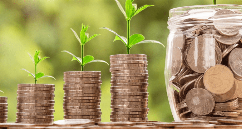 Stacks of coins with plants coming out the tops.