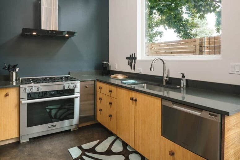 A kitchen with high-end appliances in a mother-in-law suite.