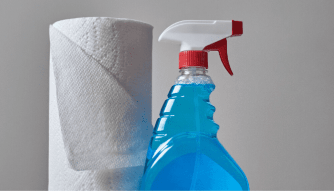 A roll of paper towels and a spray bottle of blue glass cleaner.