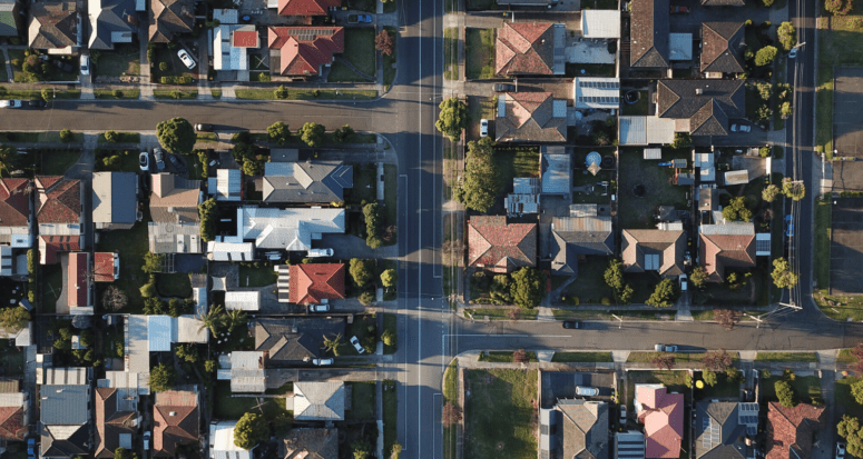 An aerial view of houses during a recession.