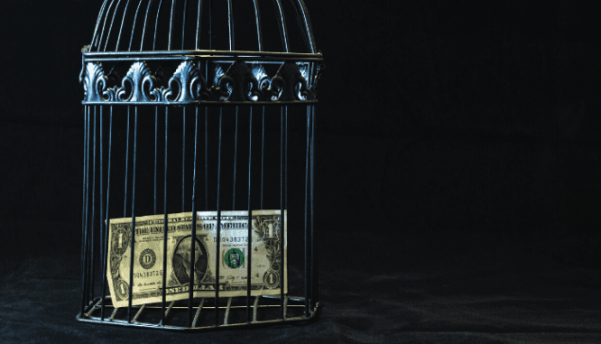 A dollar bill inside a closed bird cage with a black background.