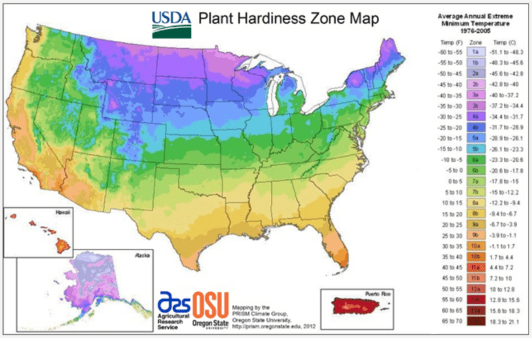 A map showing plant hardiness zones.