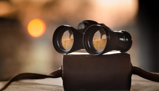 A pair of binoculars in soft focus represent the search part of the short sale buying process