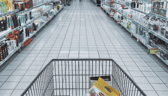 A shopping cart in a shopping store.