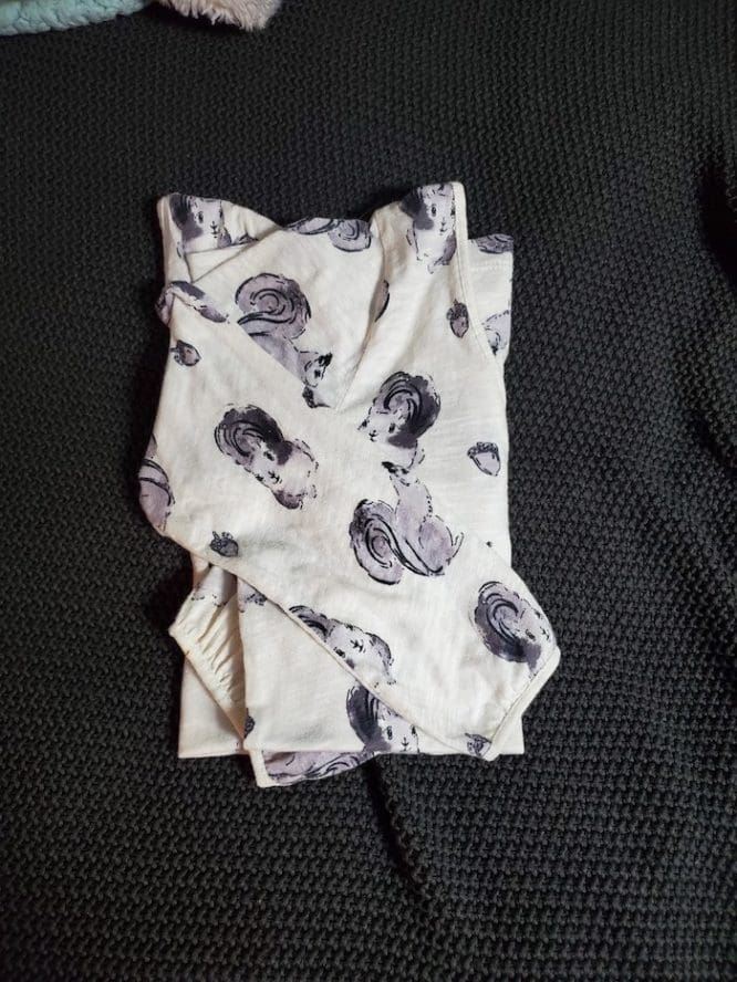 A shirt with a squirrel print folded in the final Kon-Mari method step to show how to pack clothes for moving day