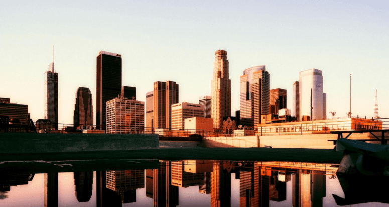 The L.A. skyline, where people bought a house.