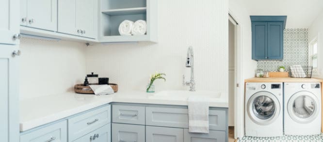 A laundry room that is a room addition in a small home.