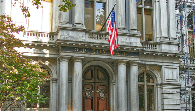 A city hall that collects real estate transfer taxes.