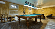 A pool table in a basement designed to be a game room.