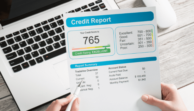 A free credit report with a 765 credit score.