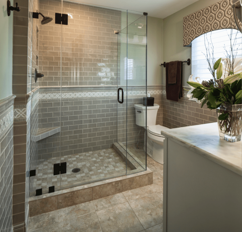 A bathroom with a window valence that is in style.