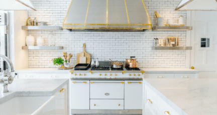 A kitchen with granite countertops.