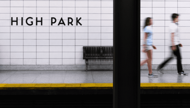 A subway stations with subway tiles.