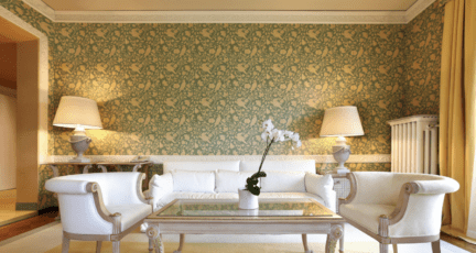 A living room with wallpaper.