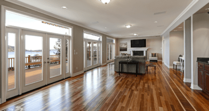 A hardwood floor that has been refinished.