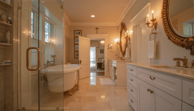 A bathroom that a real estate agent is showing a buyer.