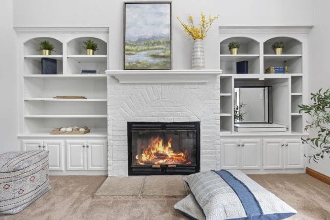 A fireplace that has an updated style.