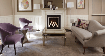 A living room with art deco interior design.