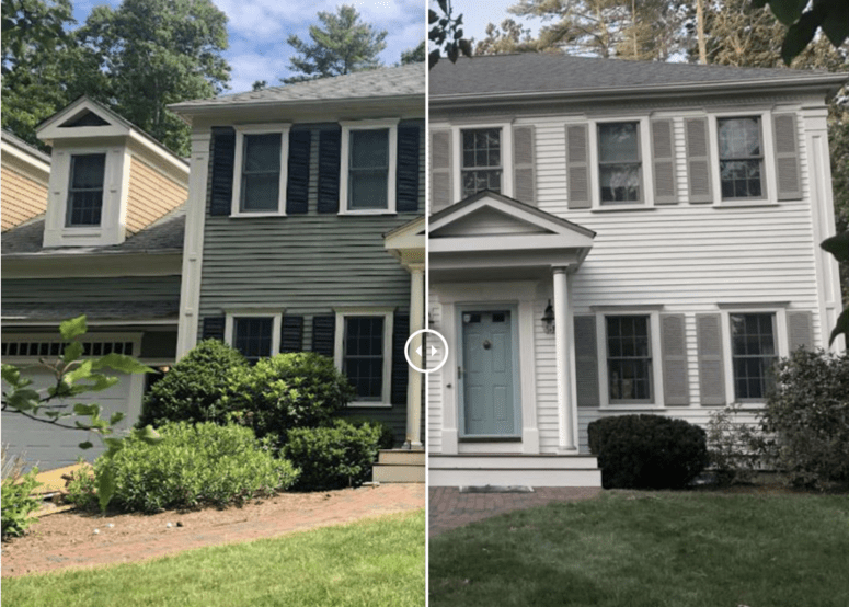 A house with gray paint colors that are out of style.