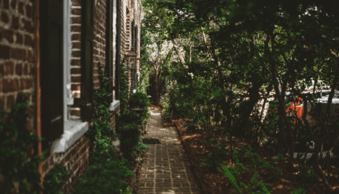 An alleyway next to a house to buy in Charleston.