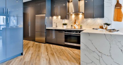 A kitchen countertop made from a laminate material.