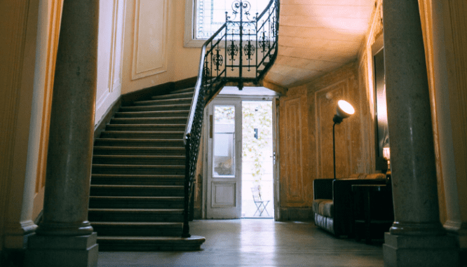 A staircase in the money pit house.