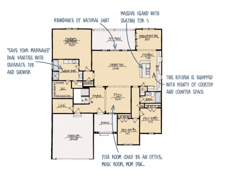 A blueprint of an open floor plan.